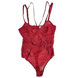 Auden Red Lace Sheer Mesh Bodysuit Teddy Lingerie Women's XS